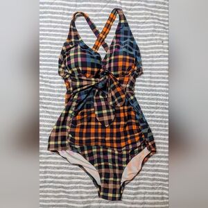 Motherhood Maternity Checkered One Piece Cross Strap Bathing Suit Orange Blue M